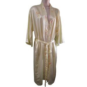 Vintage Embroidered Satin Kimono Robe With Floral Patterns & Belt